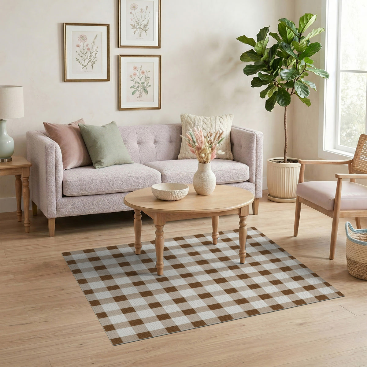 Rustic Farmhouse Brown Gingham Checkered Area Rug