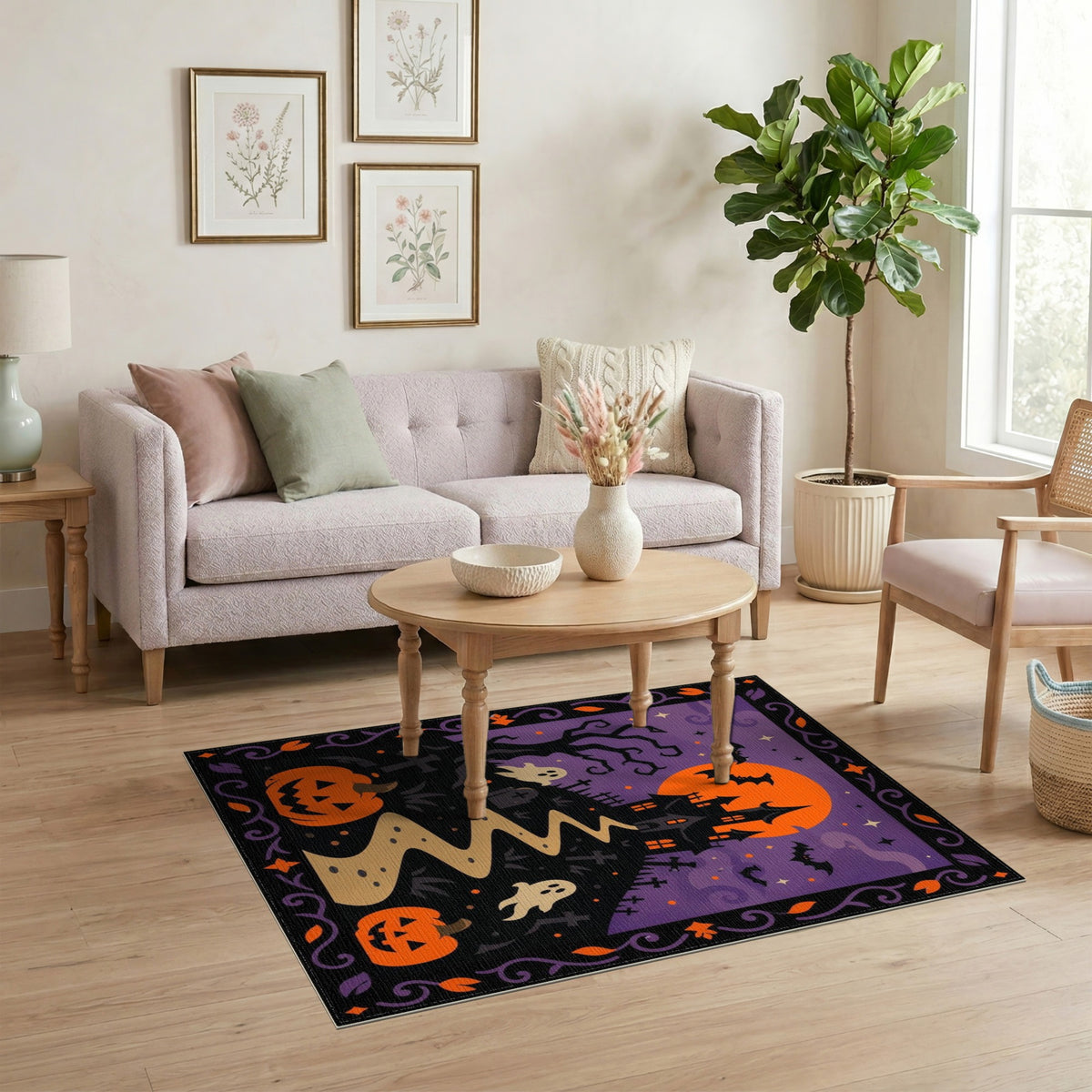 Spooky Halloween Haunted House Purple Area Rug