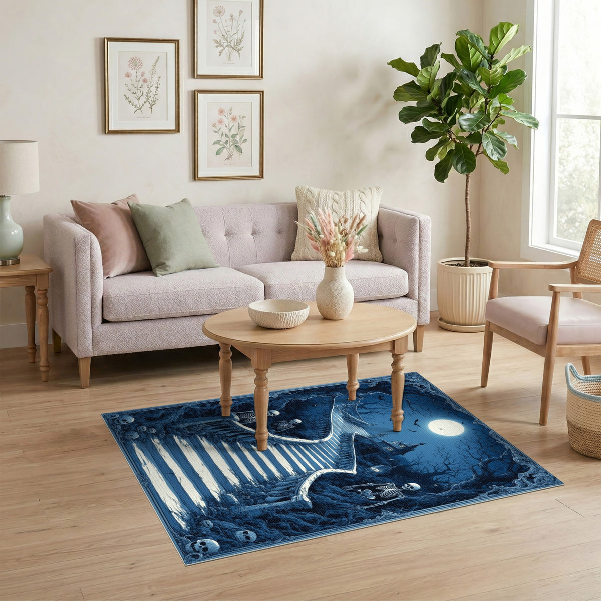 Haunted Moonlit Skeleton Staircase Washable Area Rug