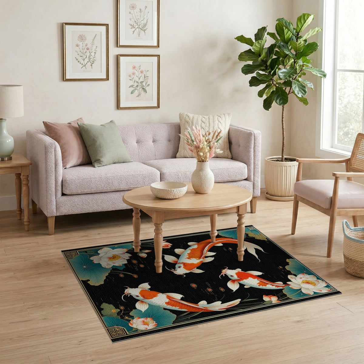 Multi-color and Patterns Koi Fish Lotus Black Area Rug
