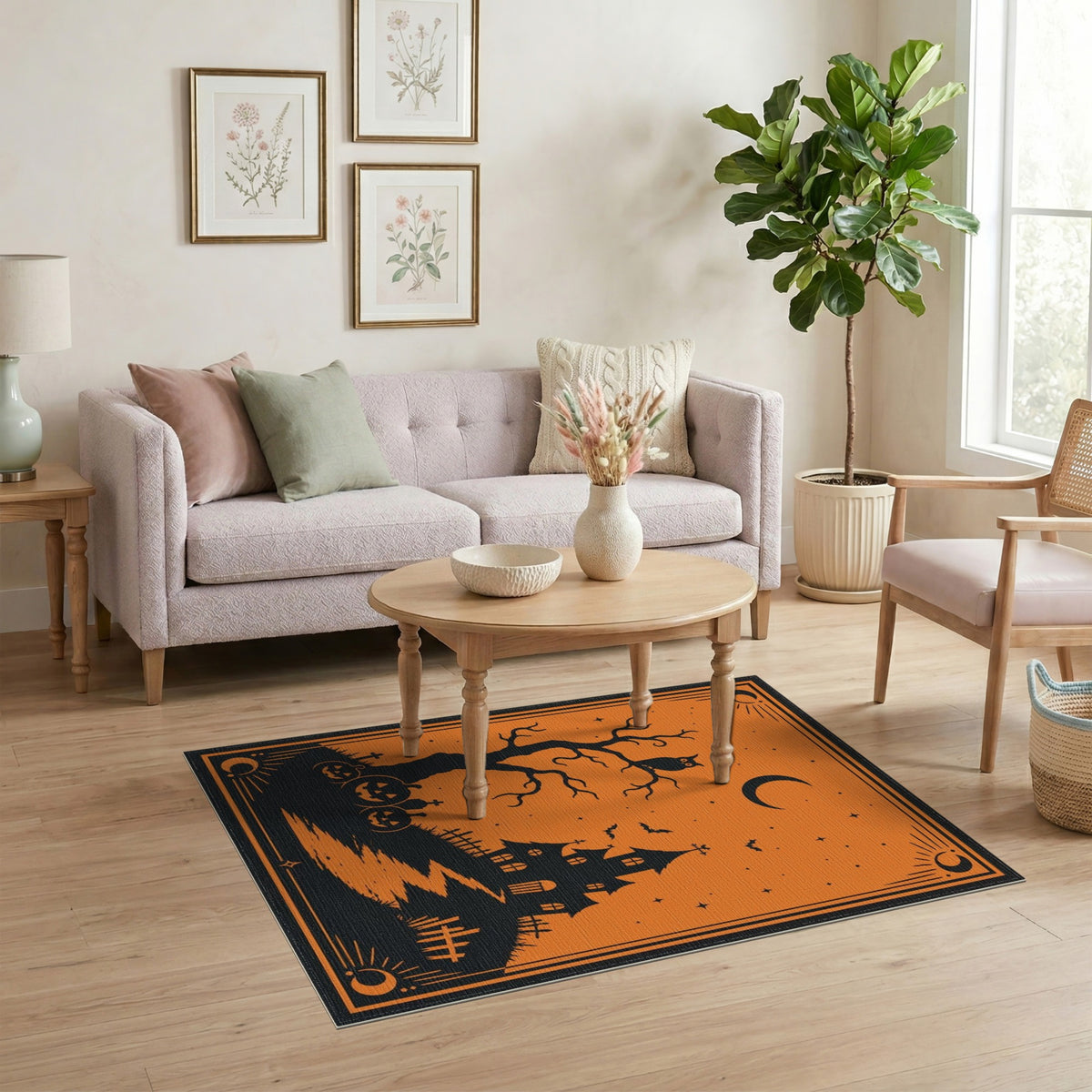 Orange Haunted House Halloween Orange Area Rug