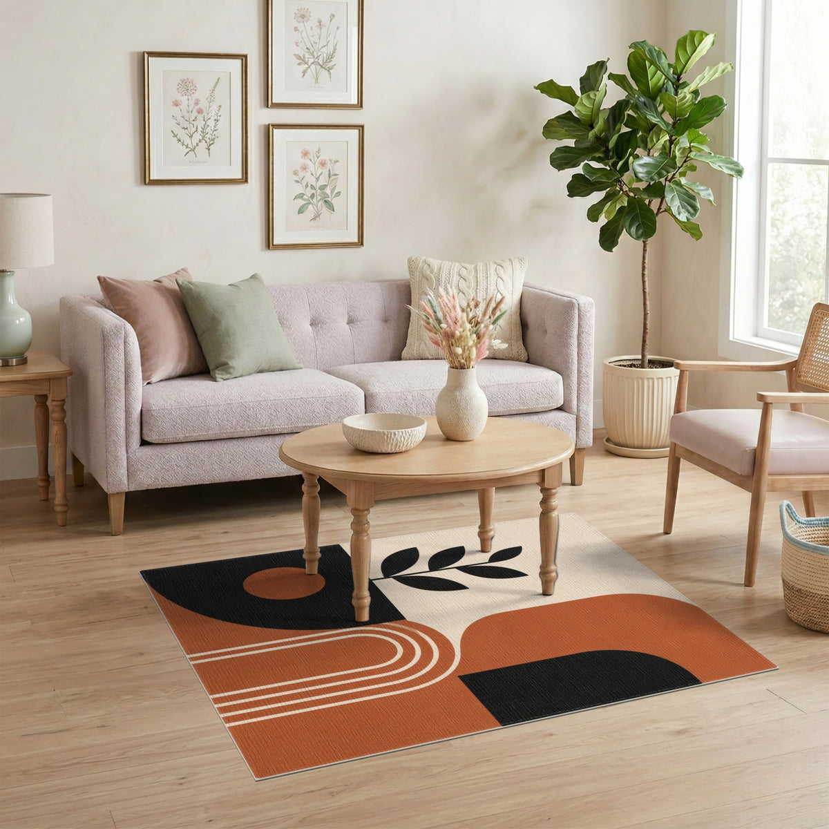 Geometric Area Rug with Leaf Silhouette in Earth Tones
