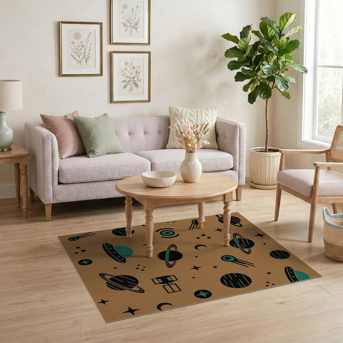 Retro Space Planets Kids Cartoon Area Rug