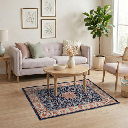Navy Floral Medallion Vintage Area Rug