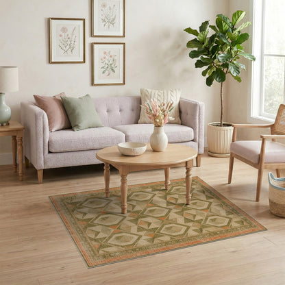 Distressed Green Geometric Diamond Area Rug
