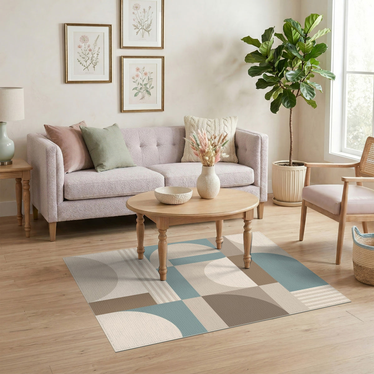 Geometric Beige Teal Modern Area Rug