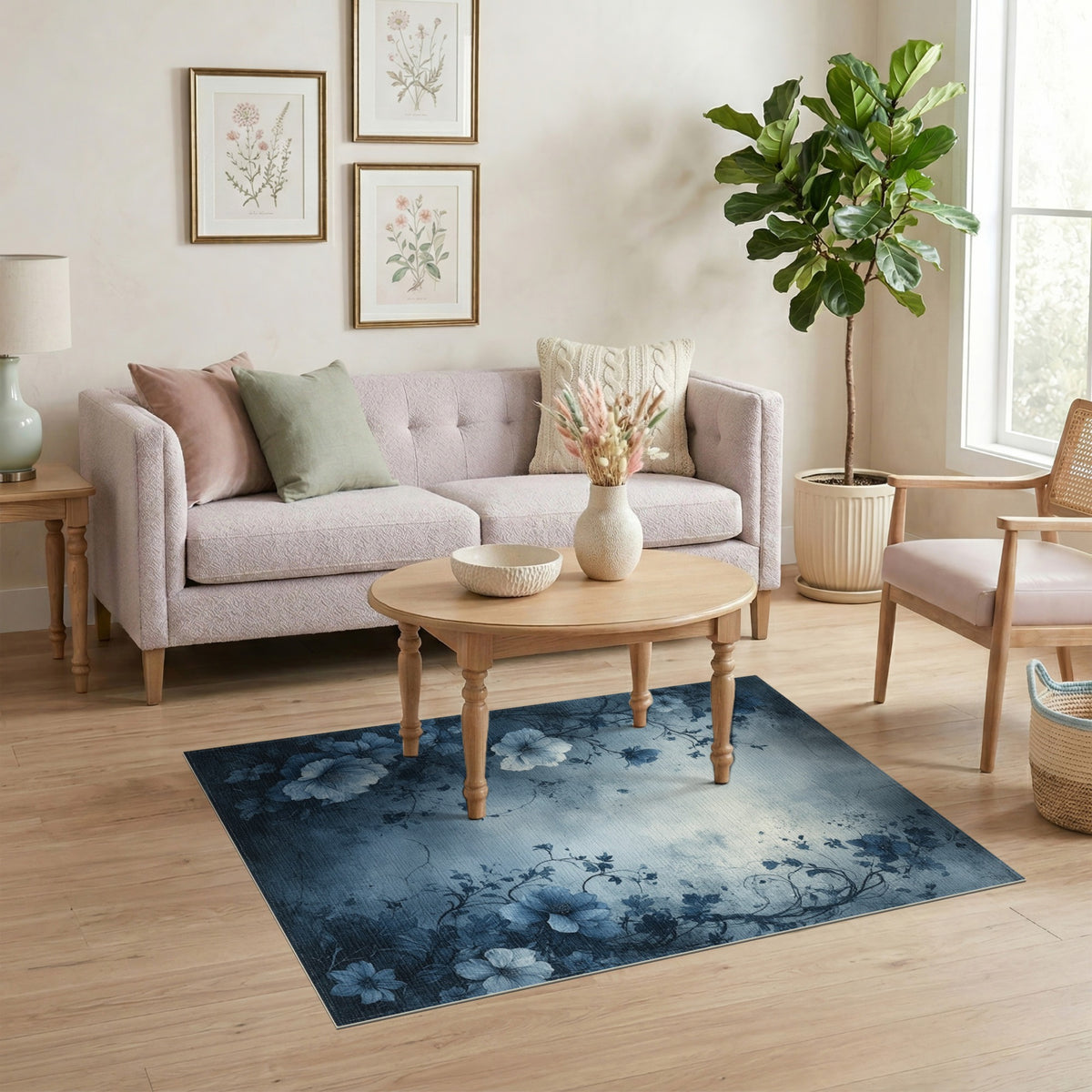 Blue Floral Distressed Vintage Area Rug