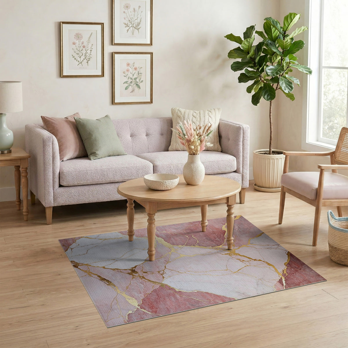 Abstract Area Pink Marble Gold Vein Area Rug