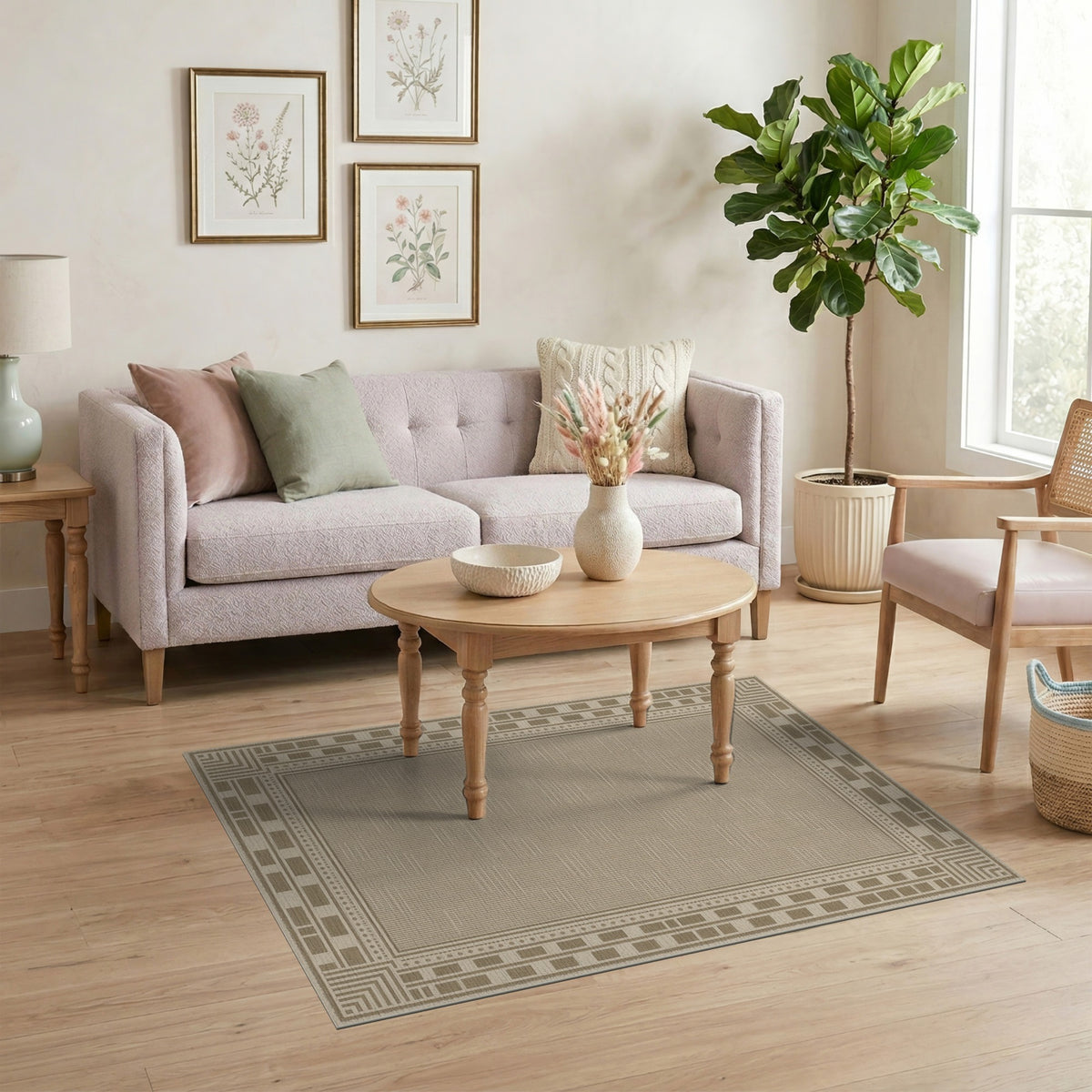 Beige and Neutral Border Beige Geometric Border Area Rug
