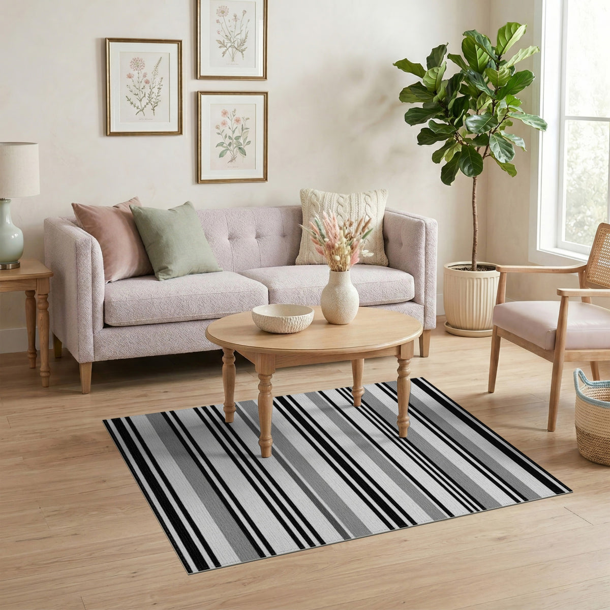 Black White Striped Geometric Area Rug