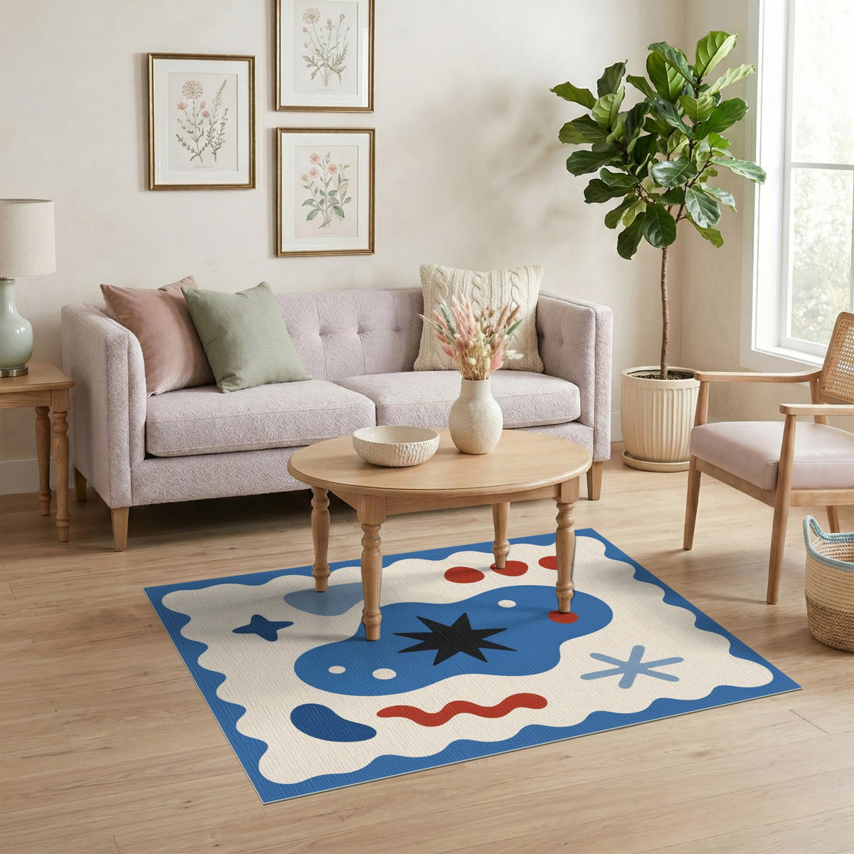 Abstract Blue Star Area Rug with Wavy Border