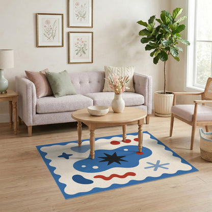 Abstract Blue Star Area Rug with Wavy Border