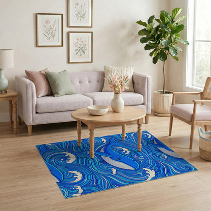 Blue Whale Ocean Waves Washable Area Rug