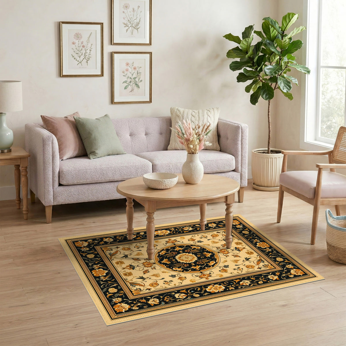Black and Gold Persian Floral Medallion Rug