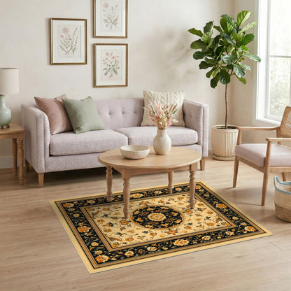 Black and Gold Persian Floral Medallion Rug