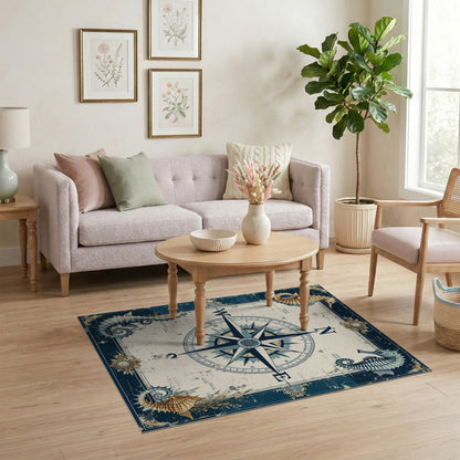 Vintage Compass Seahorse Blue Area Rug