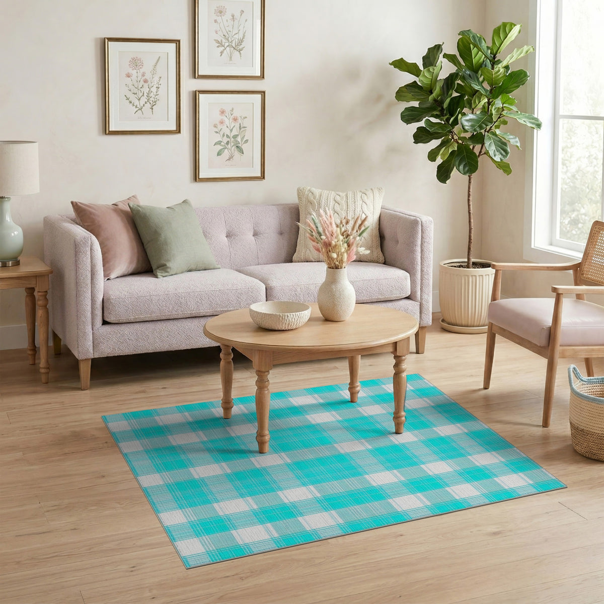 Turquoise Plaid Washable Area Rug