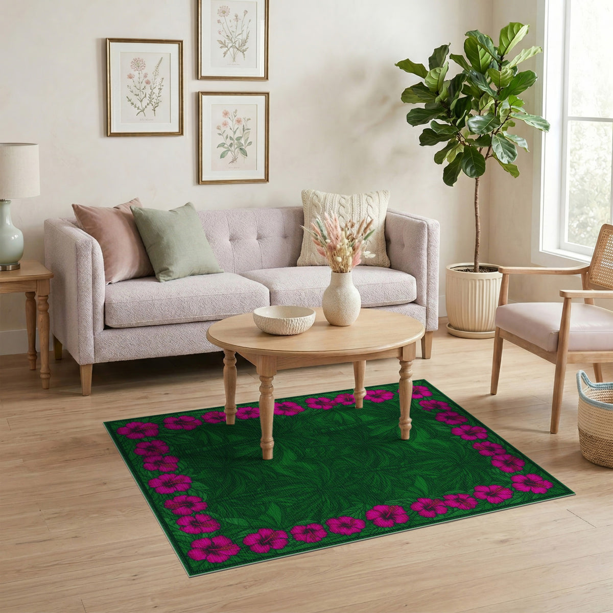 Green Palm Tree Pink Hibiscus Border Area Rug