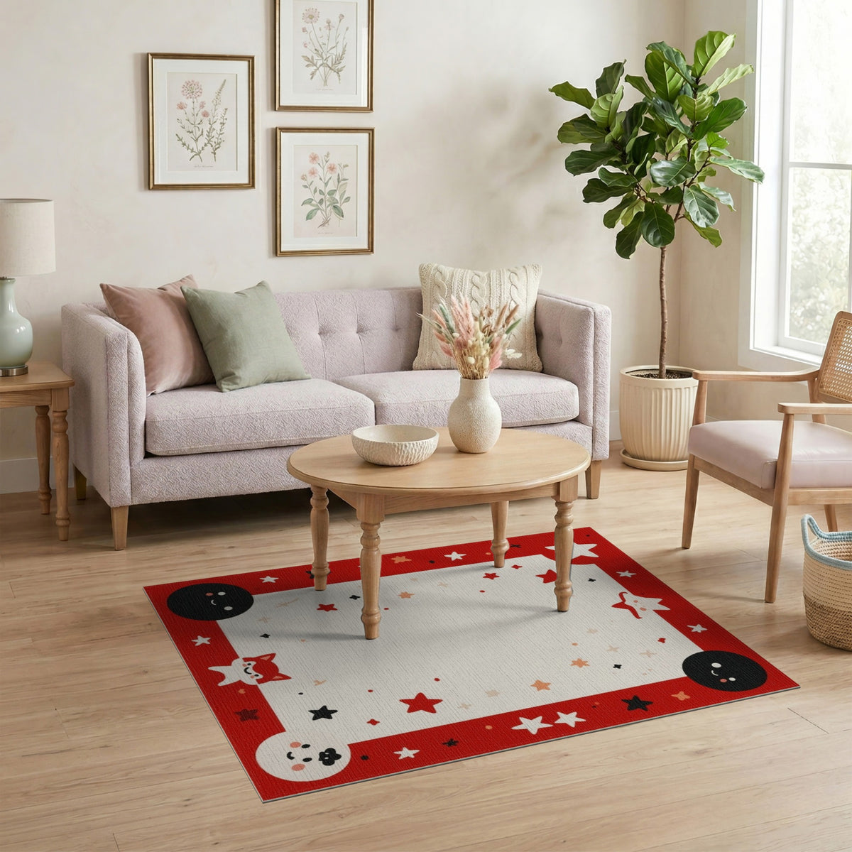 Red Cartoon Fox Stars Kids Area Rug