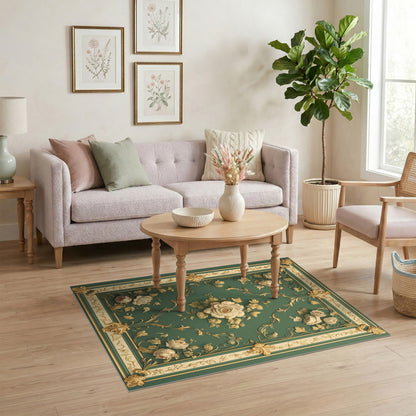 Green Rose Gold Ornate Floral Vintage Rug