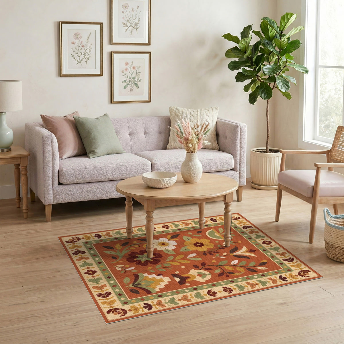 Orange Terracotta Floral Vintage Area Rug