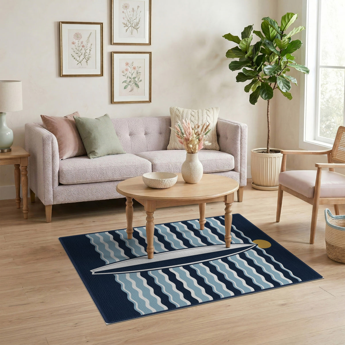 Coastal Surfboard Blue Waves Area Rug