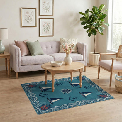 Coastal Blue Sailboat and Anchor Area Rug