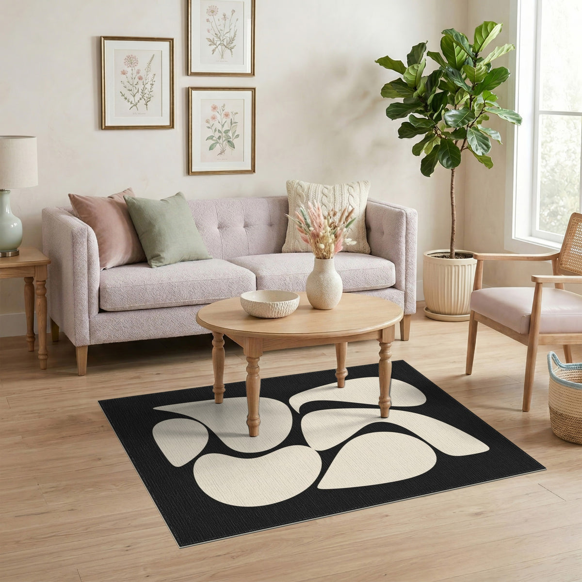 Black and White Abstract Organic Shapes Black White Area Rug