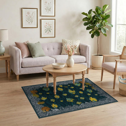 Blue Teal Yellow Fish Coastal Area Rug