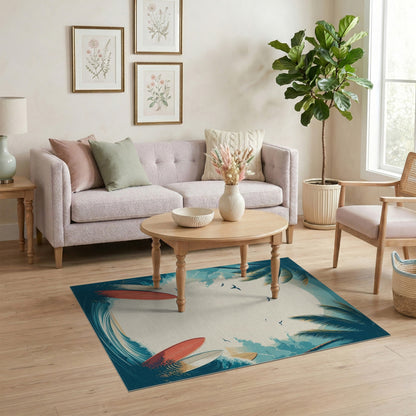 Blue and Teal Coastal Beach Surfboard Washable Area Rug