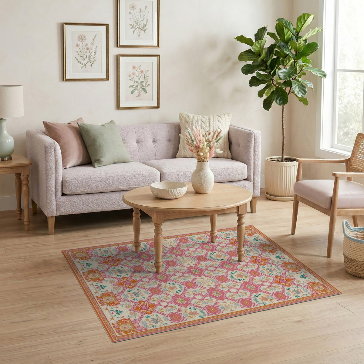 Vibrant Pink Floral Traditional Persian Area Rug