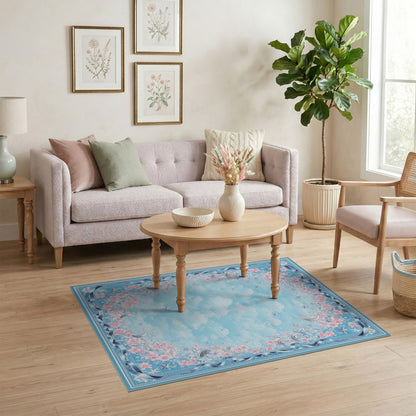 Blue Floral Moon Stars Washable Area Rug