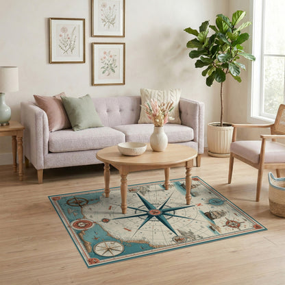 Vintage Nautical Compass Blue and Teal Area Rug