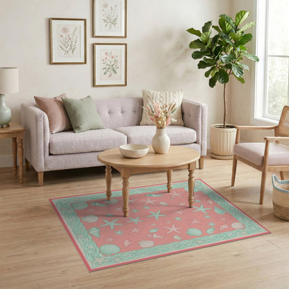 Pink Coastal Starfish Seashell Area Rug