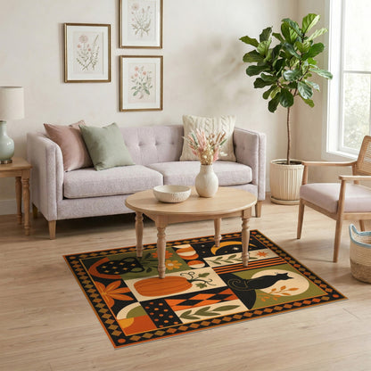 Multi-color and Patterns Black Cat Pumpkin Geometric Area Rug