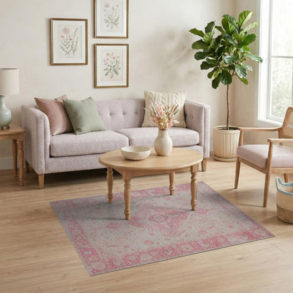 Pink Distressed Vintage Floral Pink Area Rug