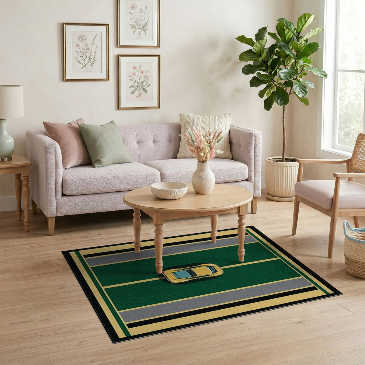 Yellow Car Green Geometric Area Rug