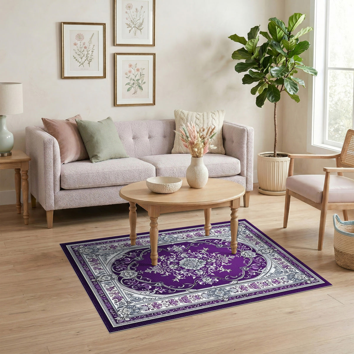 Traditional Persian Purple Floral Medallion Area Rug