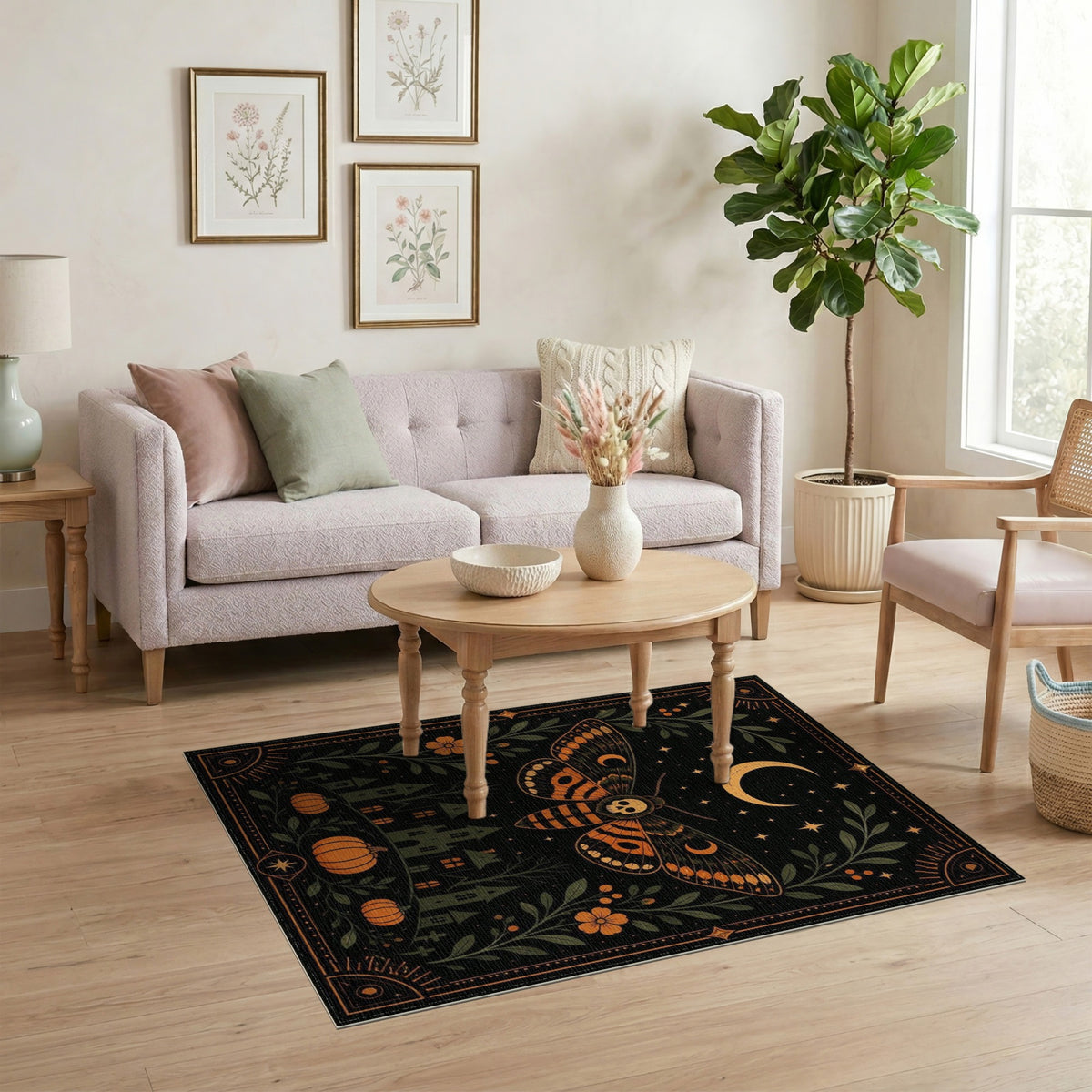 Midnight Skull Moth Orange Area Rug