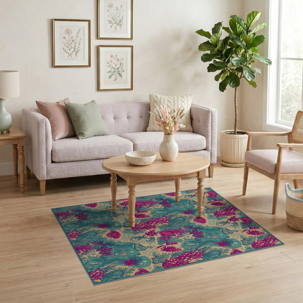 Pink Coral Teal Ocean Life Washable Area Rug