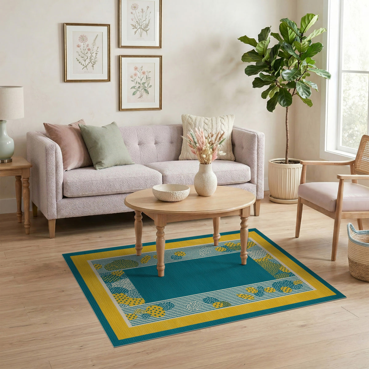 Blue and Teal Geometric Area Rug with Yellow Border