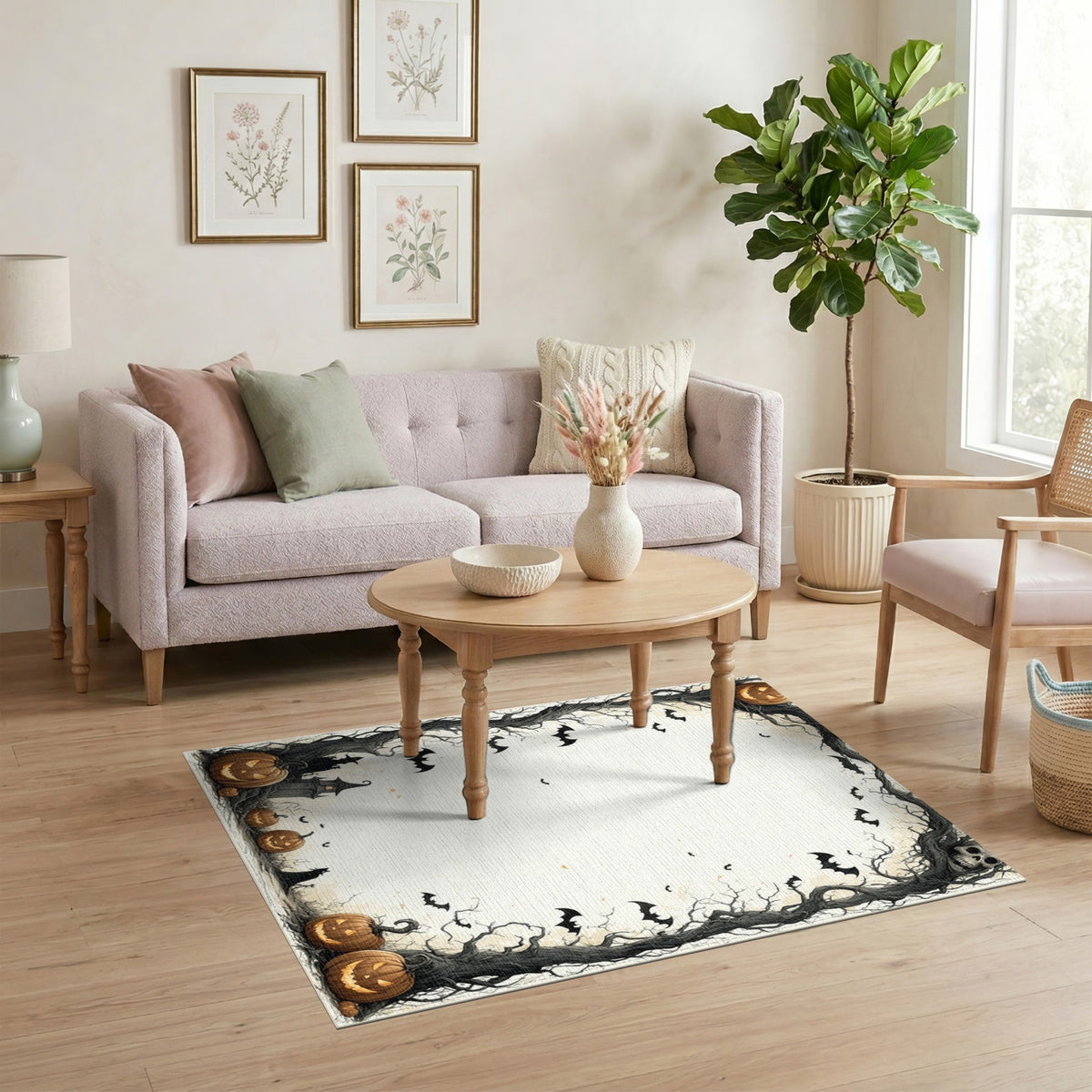 Spooky Halloween Pumpkin Bat Border Area Rug