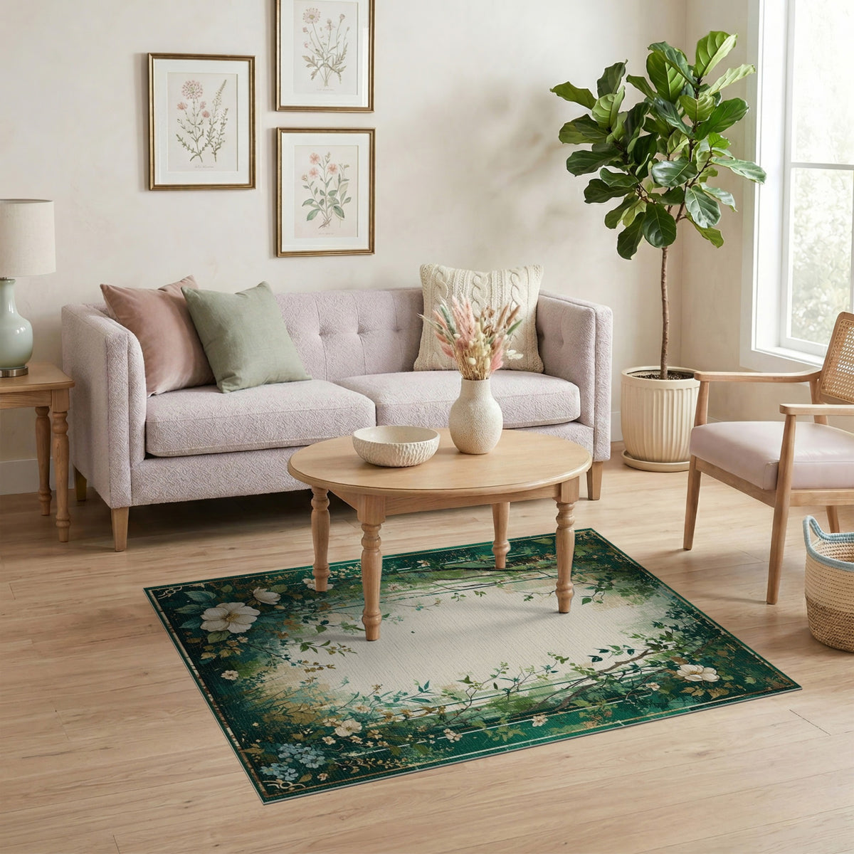 Green Floral Vintage Washable Floral Vintage Area Rug