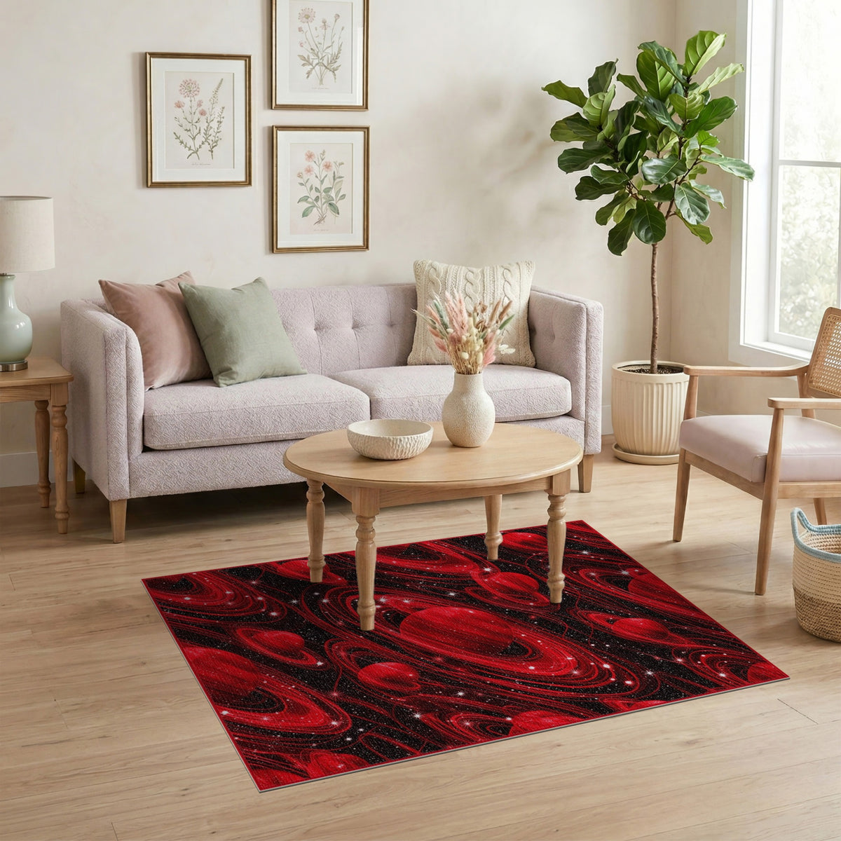 Red Cosmic Planets Washable Area Rug