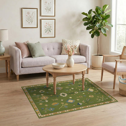 Green Floral Vintage Area Rug