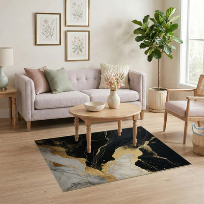 Black and White Black Gold Abstract Marble Area Rug