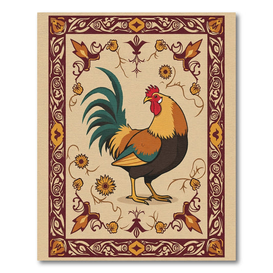 Rustic Rooster Floral Border Rug