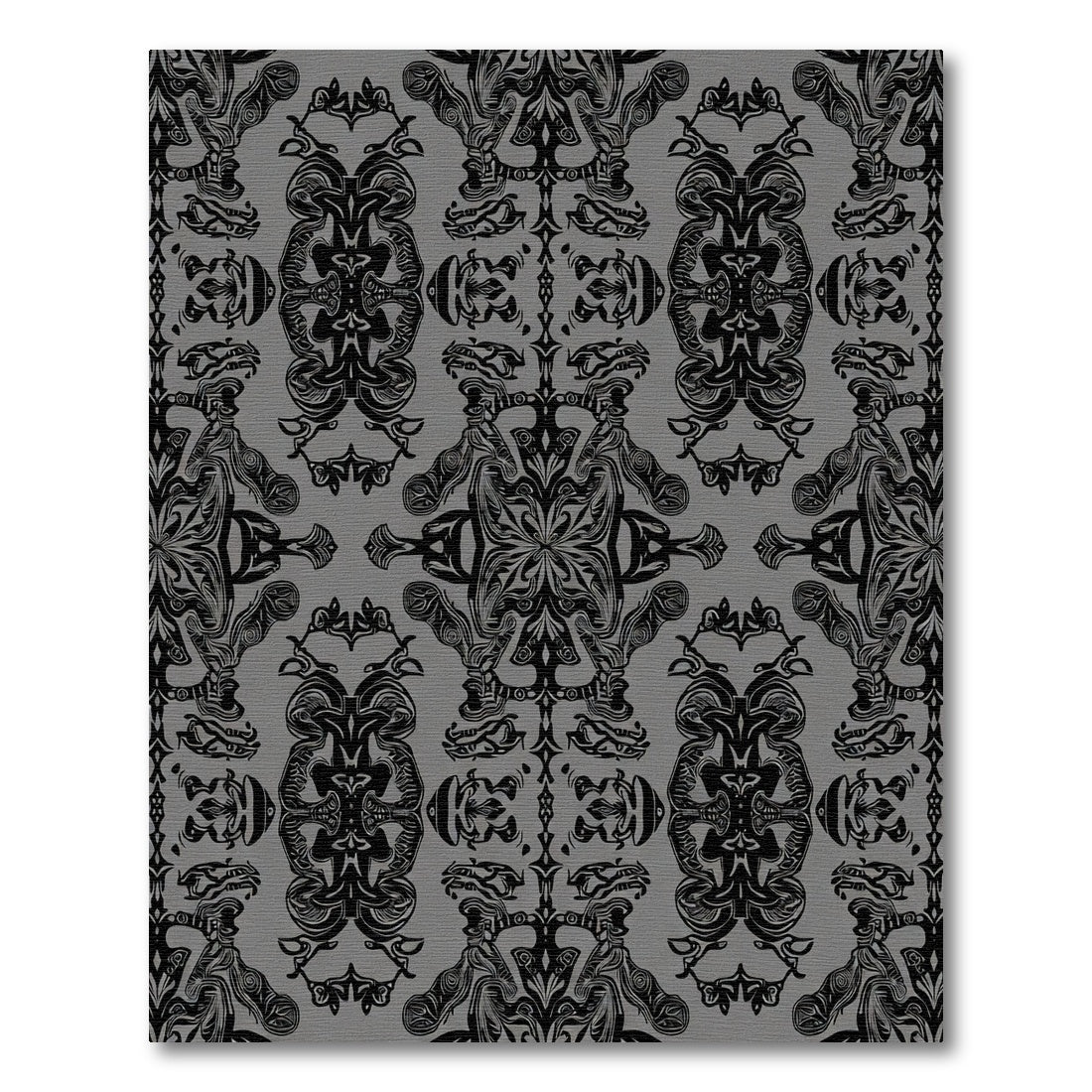 Ornate Black Scrollwork Gray Textile Rug