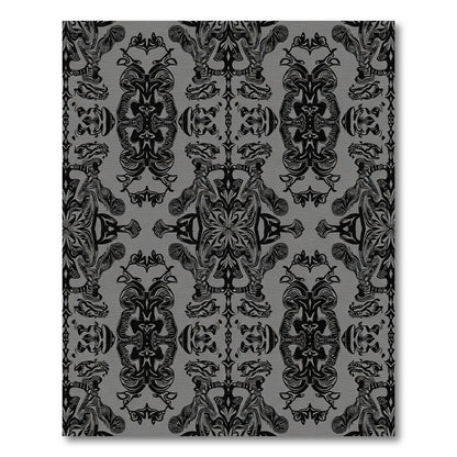 Ornate Black Scrollwork Gray Textile Rug