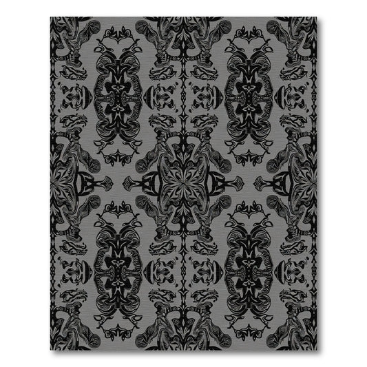 Ornate Black Scrollwork Gray Textile Rug